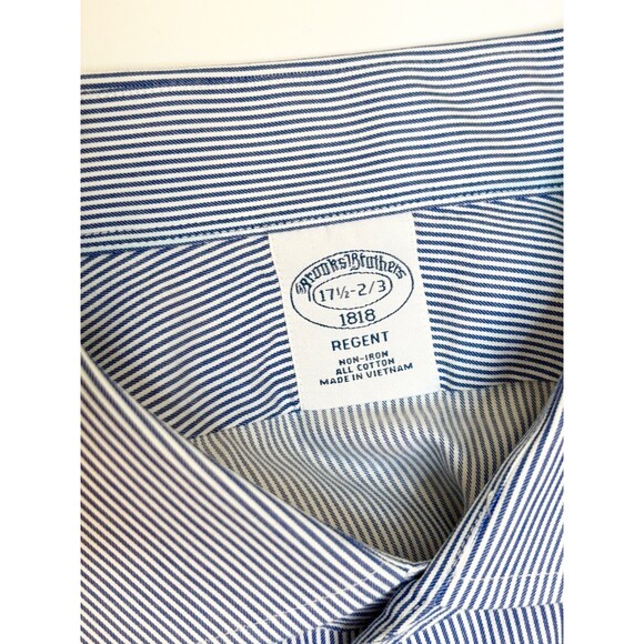 Brooks Brothers Mens 17.5 Reg Blue White Stripe Long Sleeve Button Up Shirt - Picture 2 of 6